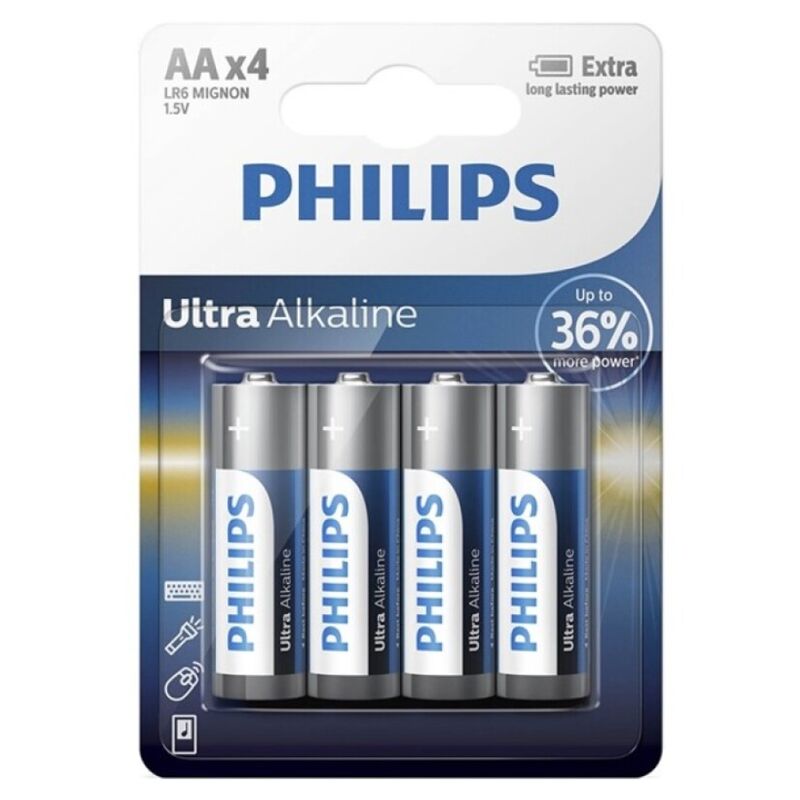 Piles alcalines AA, pack de 4, longue durée et hautes performances, idéales pour les appareils PHILIPS