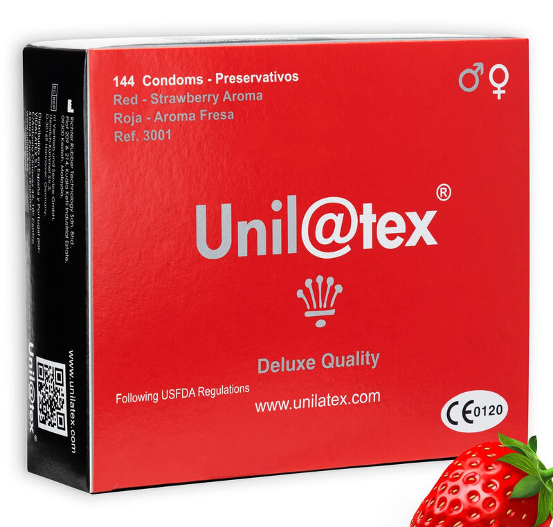 Préservatifs parfumés Unilatex à la fraise, rouges, 144 pièces