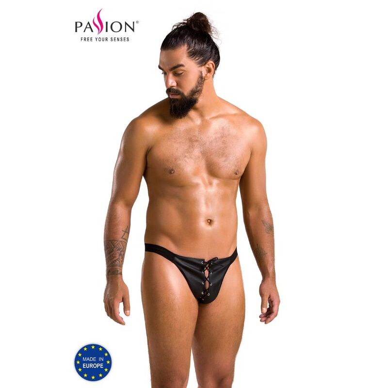 Jockstrap ouvert en PU, coupe ajustée, noir, taille S M PASSION