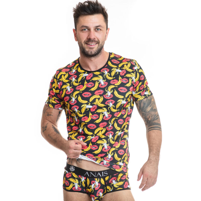 T shirt homme moulant imprimé bananes en lycra extensible et confortable ANAIS