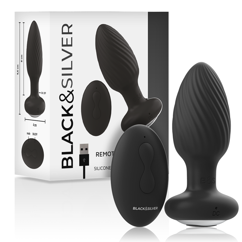 Vibrateur anal rotatif avec perles et télécommande en silicone BLACKSILVER