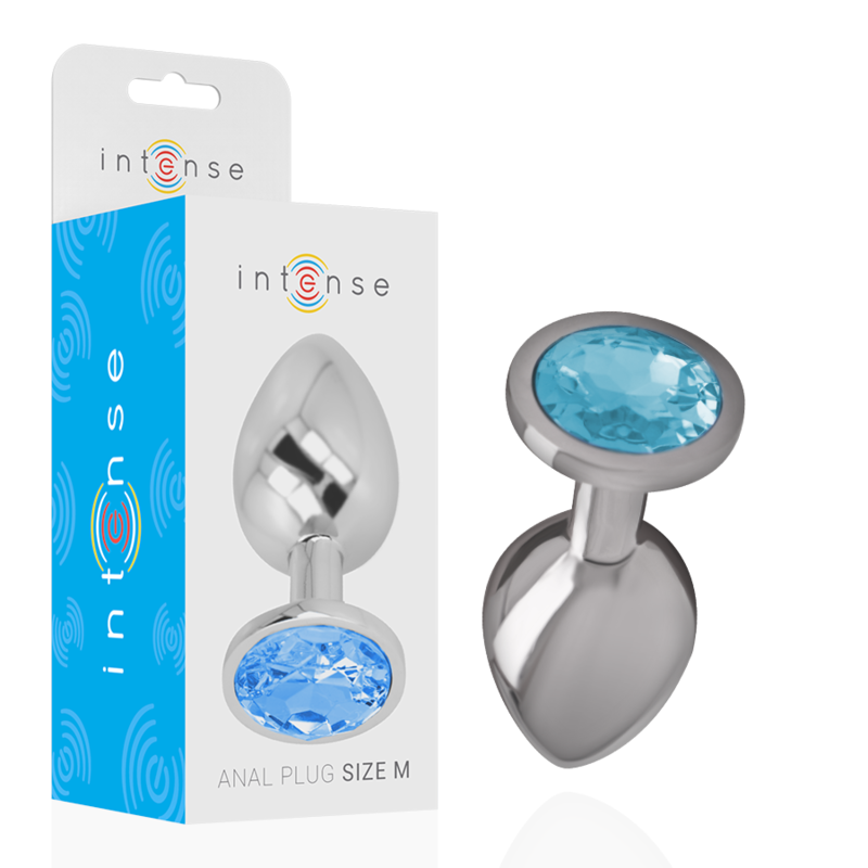 INTENSE Plug anal en métal avec détail en verre bleu, taille M