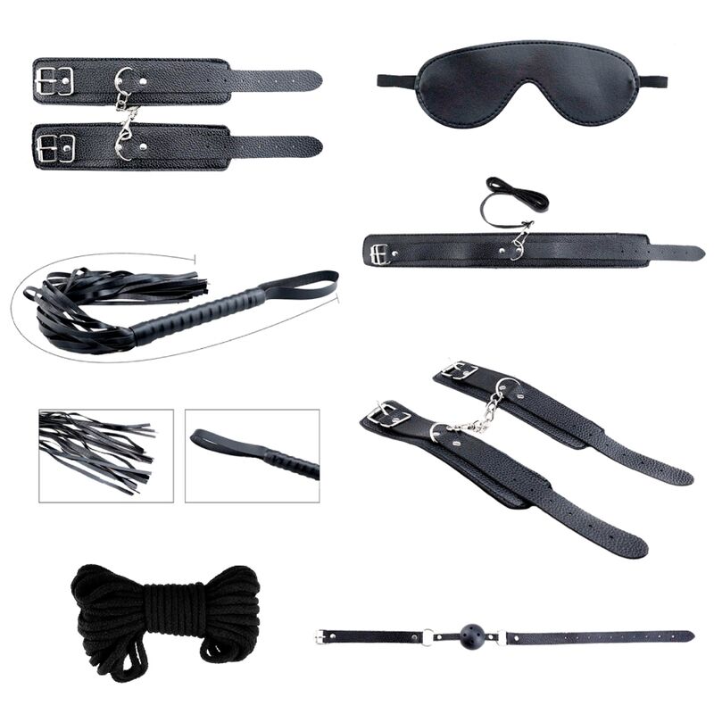 Set BDSM de bondage 7 pièces avec entraves et fouet noir ALIVE
