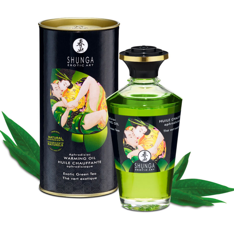Huile de massage Shunga au thé vert avec effet chauffant, 100 ml