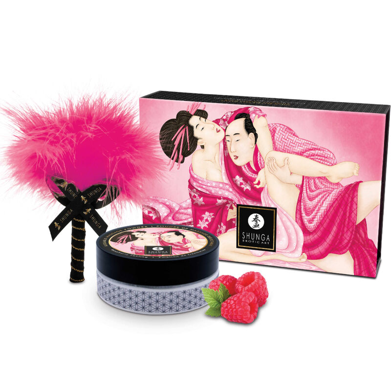 Poudre de massage Shunga parfum framboise avec pinceau en plumes, 75 g