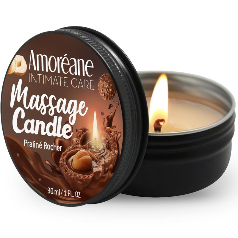 Bougie de massage Rocher Praliné, soin de la peau et parfum pour un massage sensuel AMOREANE