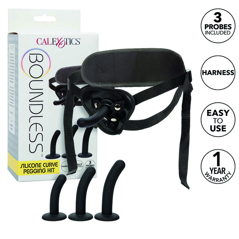 Kit de pegging Boundless Silicone Curve CalExotics avec harnais et 3 godes