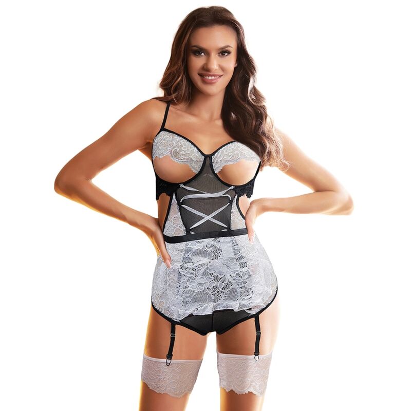 Body sexy de soubrette avec corset et poitrine ouverte, S M, noir et blanc SUBBLIME