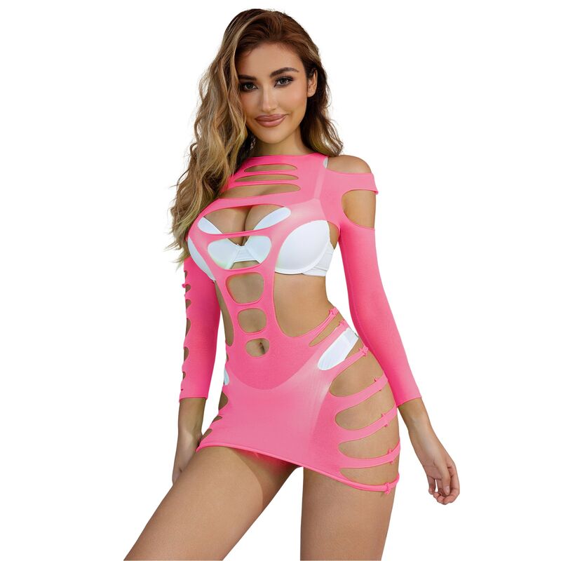 Robe sexy SUBBLIME en résille rose à manches longues