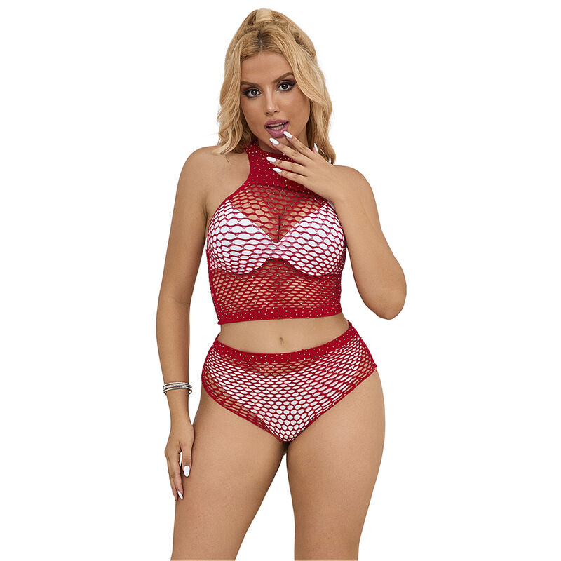 Ensemble de lingerie SUBBLIME en résille rouge avec strass