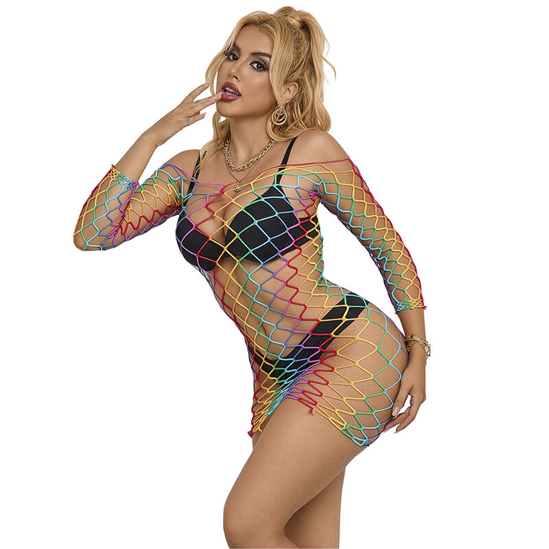Robe sexy SUBBLIME en résille arc-en-ciel à manches longues