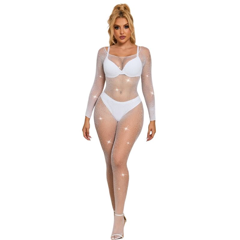 Body résille SUBBLIME blanc à manches longues et détails diamant
