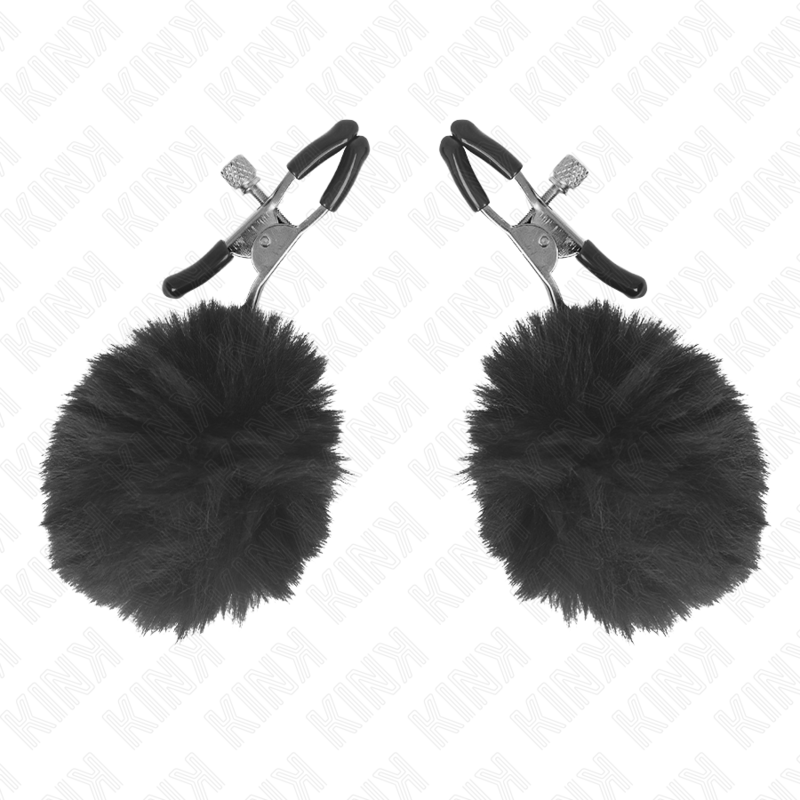Pince à tétons KINK avec pompon en fausse fourrure, noire, 6 cm