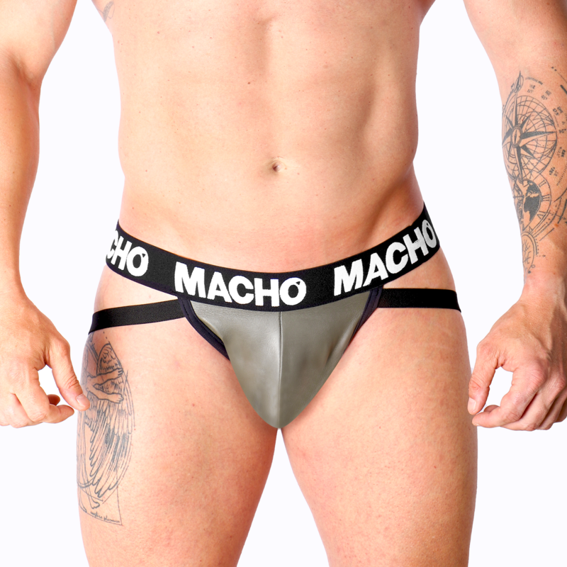 Jockstrap MACHO MX27GR en similicuir gris et beige · Taille: XL
