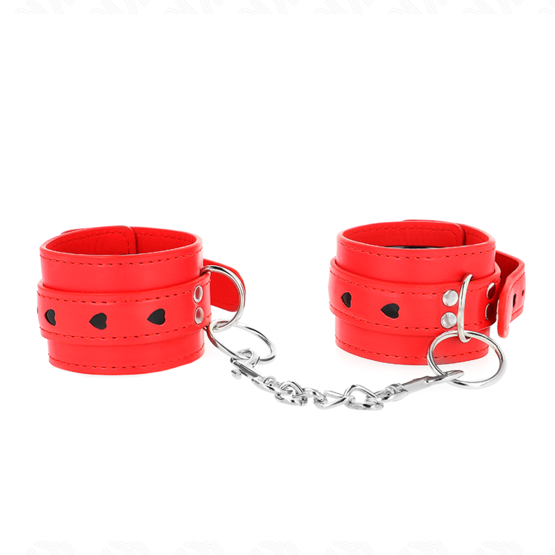 Entraves pour poignets KINK rouges avec détail cœur noir