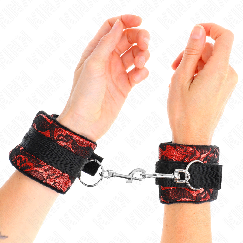 Menottes KINK en velours et dentelle avec sangle en nylon, rouge et noir