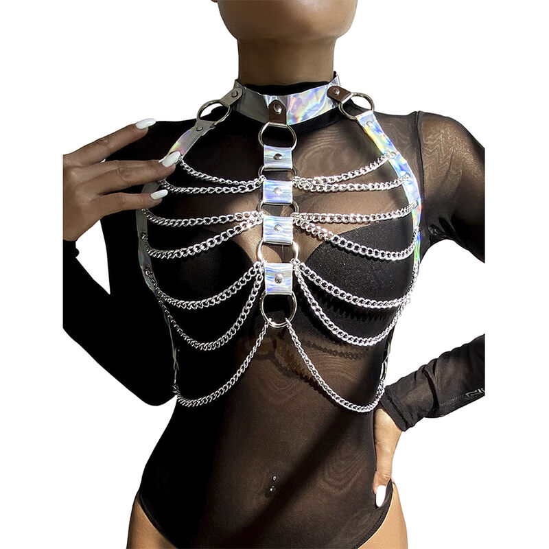 Harnais de bondage SUBBLIME avec anneaux et chaînes, argenté
