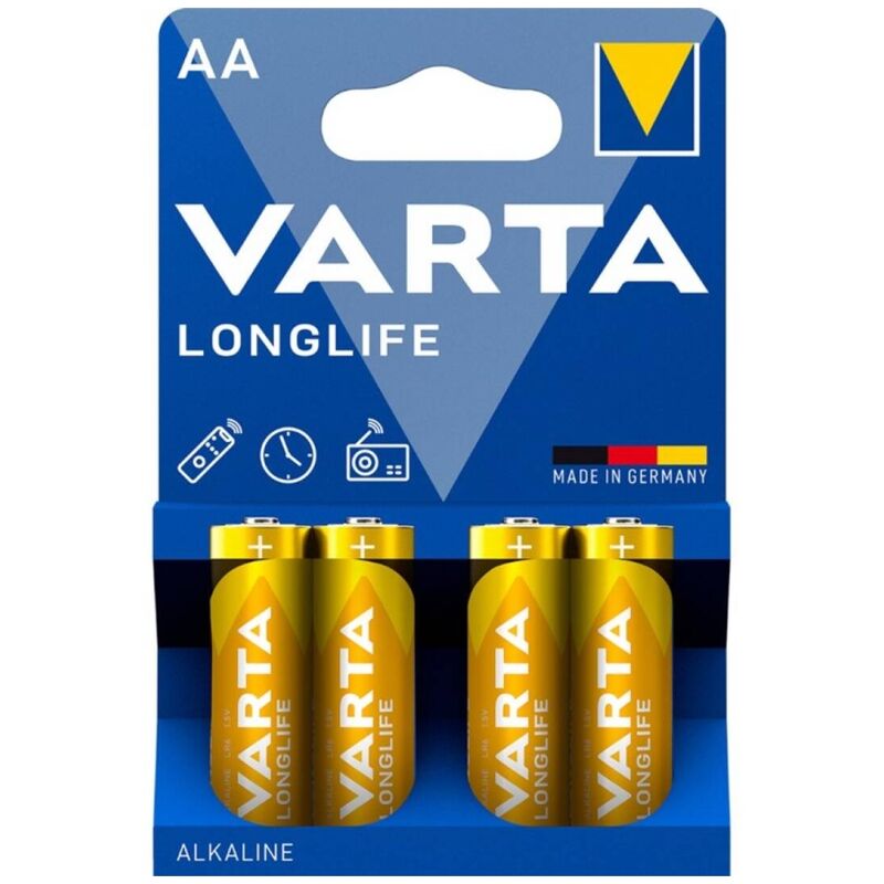 Piles alcalines AA longue durée, pack de 4 pour appareils VARTA