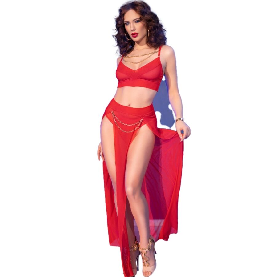 Ensemble de lingerie CHILIROSE CR 4850 en tulle rouge avec détails dorés