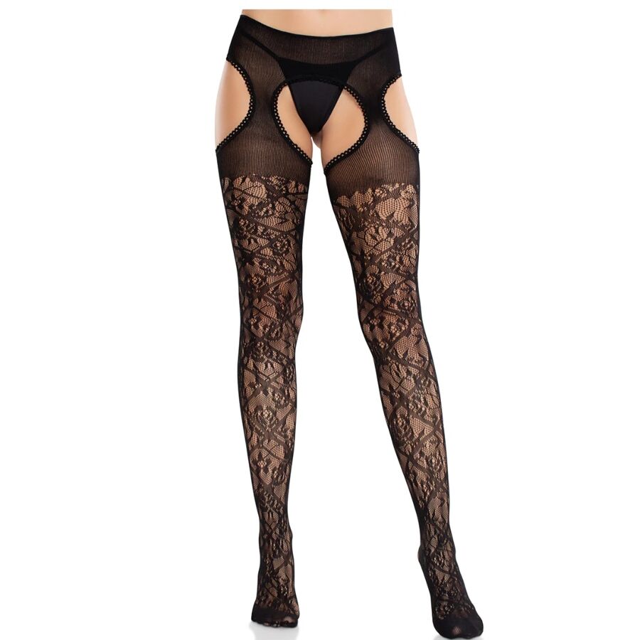 Bas noirs Leg Avenue en dentelle florale avec porte jarretelles intégré