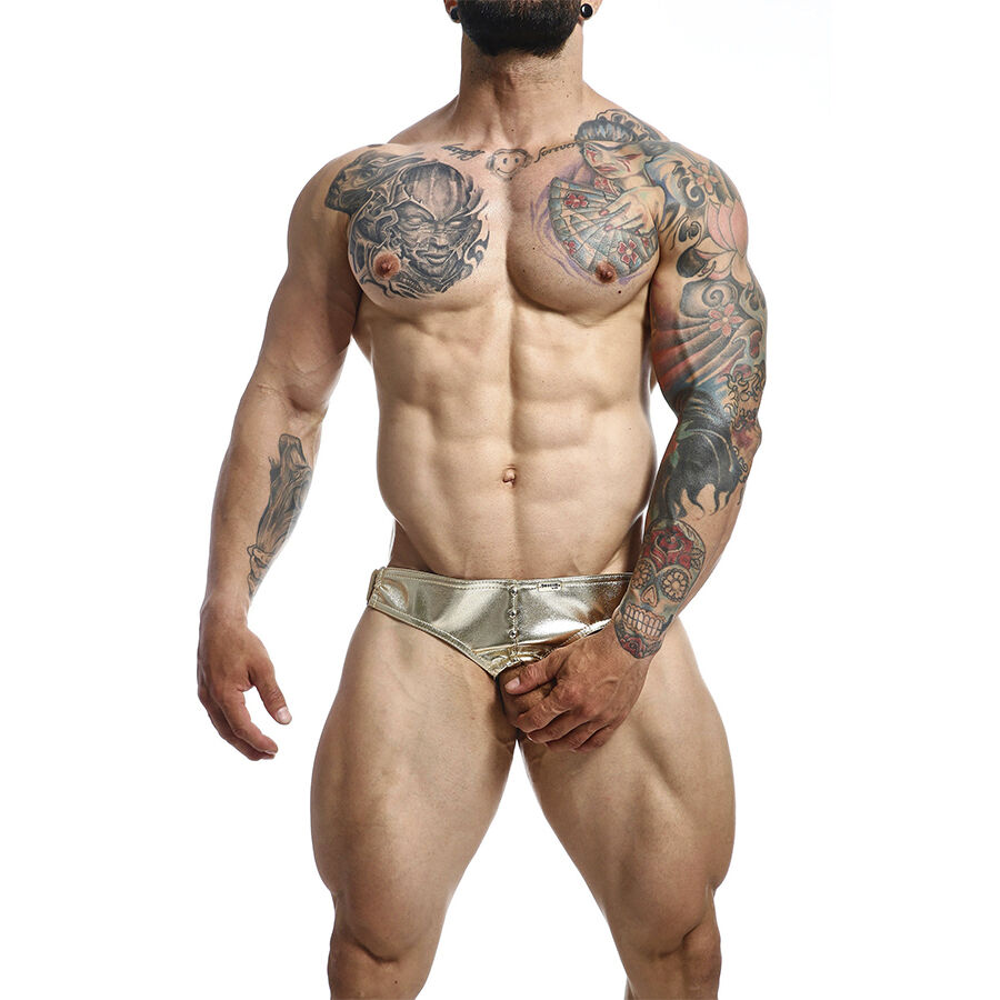 Jockstrap en similicuir PU avec anneau pénien doré, dos ouvert et larges bretelles confortables MOB