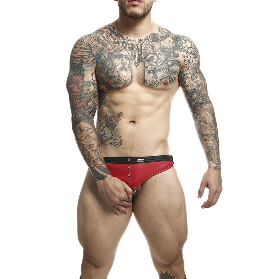 Jockstrap rouge en similicuir avec anneau pénien, clous et dos ouvert MOB