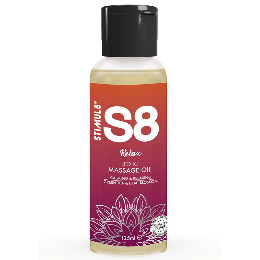 Huile de massage STIMUL8 S8 Relax au thé vert et à la fleur de lilas, 125 ml