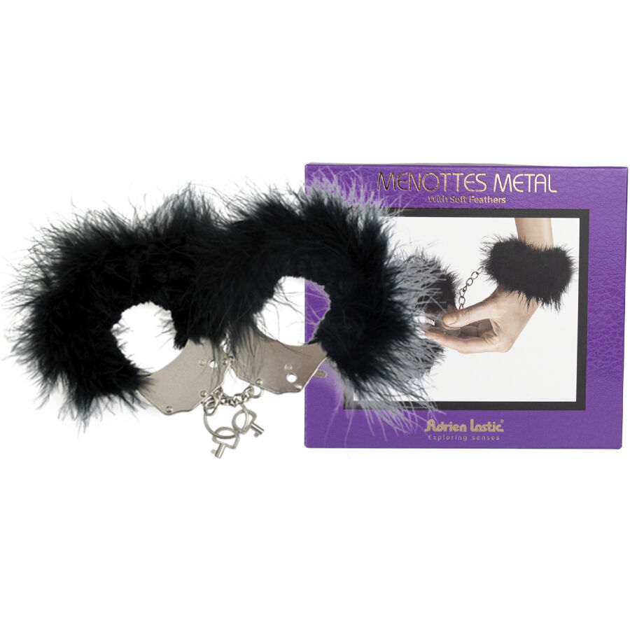 Menottes en métal avec plumes noires pour des jeux de bondage sensuels ADRIEN LASTIC