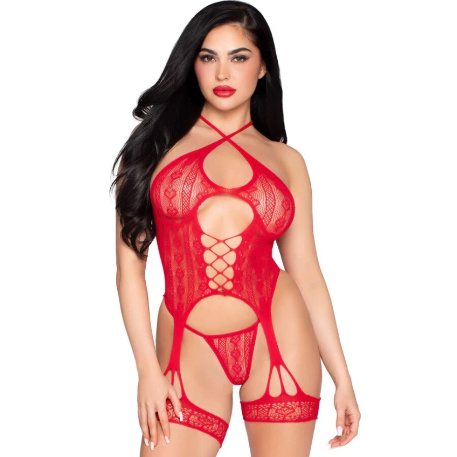 Body rouge en dentelle Leg Avenue avec porte jarretelles et string
