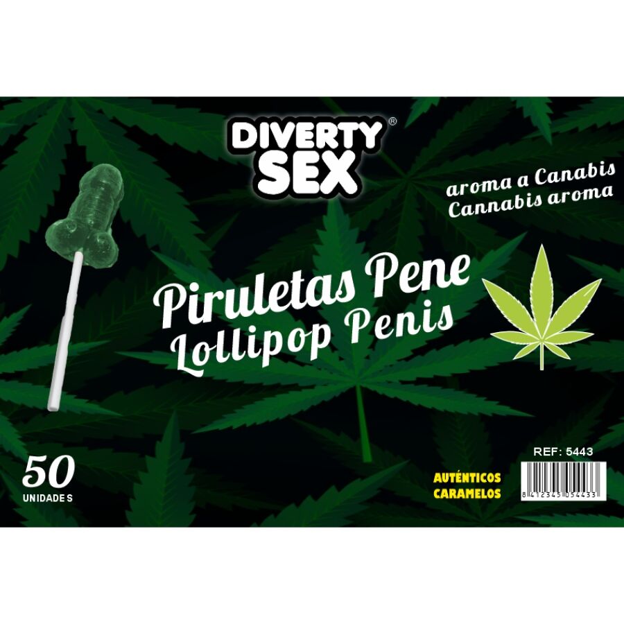 Sucettes en forme de pénis DIABLO GOLOSO, arôme de marijuana, 50 pièces