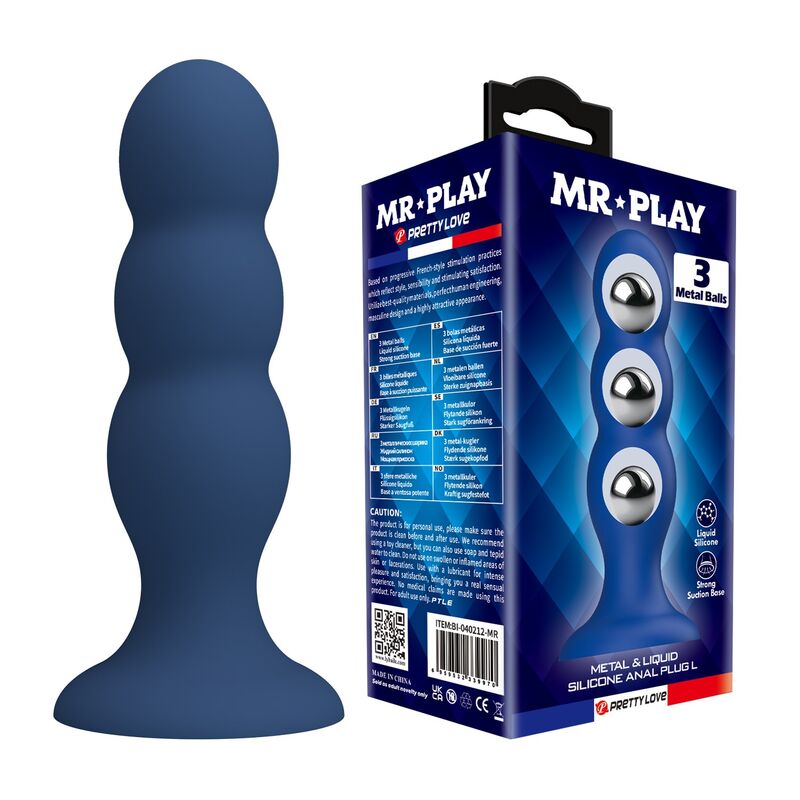 Plug anal MR PLAY avec billes en acier inoxydable et ventouse, bleu