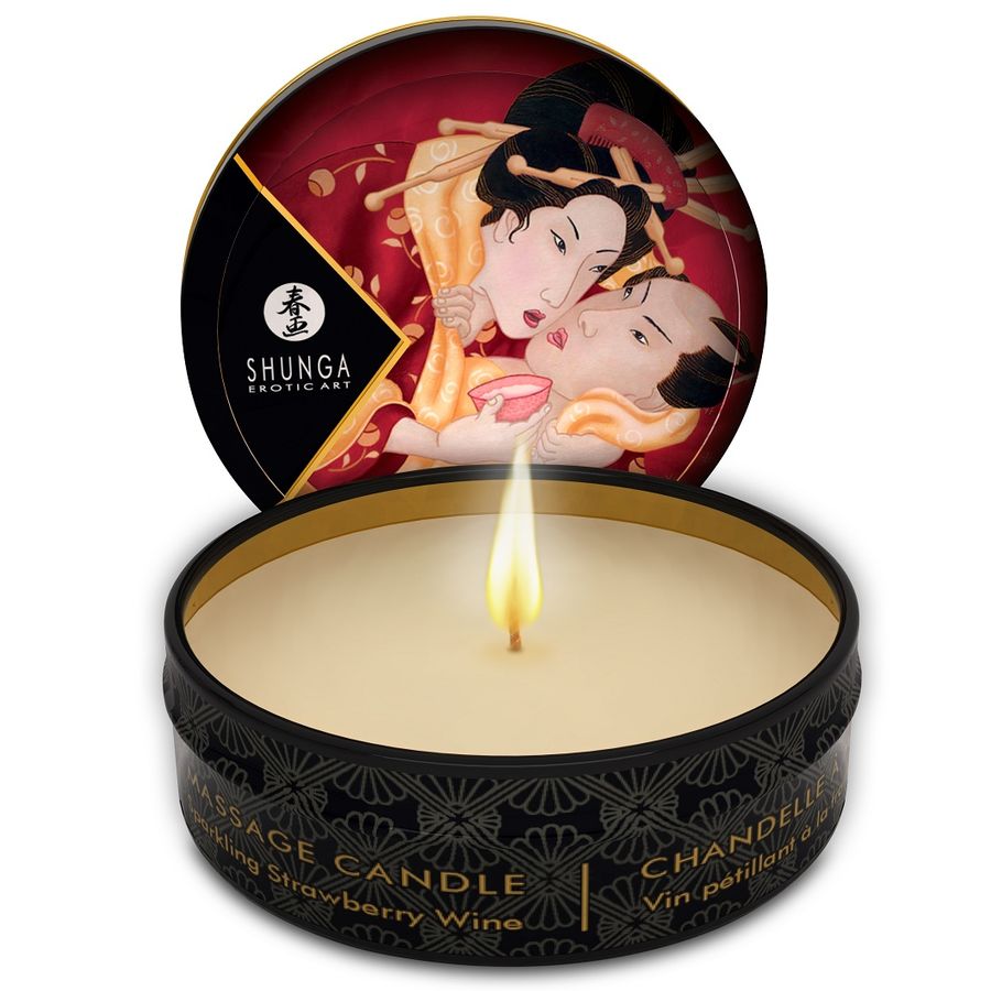 Bougie de massage Shunga Mini Caress, parfum fraise et cava, 30 ml