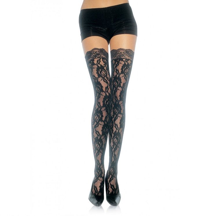 Bas noirs LEG AVENUE à motif floral et finition en dentelle