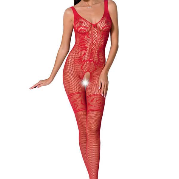 Body résille rouge avec ouverture à l’entrejambe et tissu extensible PASSION