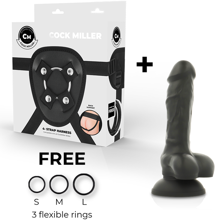Cock Miller Harnais + Gode En Silicone Cocksil À Double Densité Articulable Noir 13 Cm